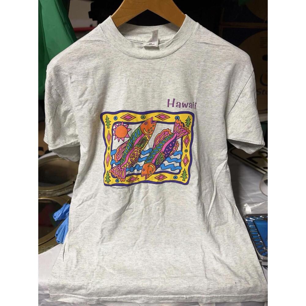 Vintage Hawaii Graphic T-Shirt Colorful Fish Print Gray Tee Size L
